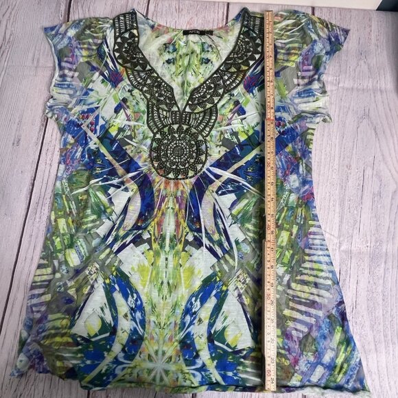 Apt 9 Blouse Size L Tie-Dye Green Blue Crochet Overlay Rhinestones V-Neck Y2K - Picture 11 of 12